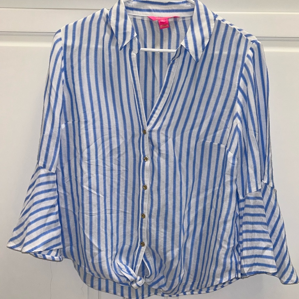 Lilly Pulitzer Lysa Tie-Front Striped Flare Sleeve Button Up Top